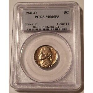 1941 D Jefferson Nickel MS65 5 FS PCGS Toning